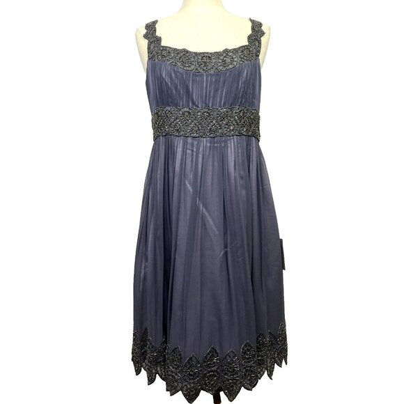 Adrianna Papell Evening Dress Size 14 100% Silk Beaded Sequin Tulle Gray Purple - Picture 1 of 7